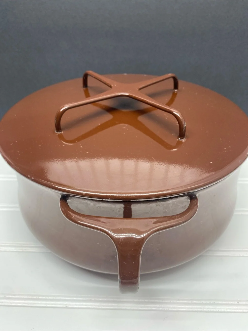 Dansk Brown Enamelware Casserole Covered Pot Trivet Top Ihq France 1956
